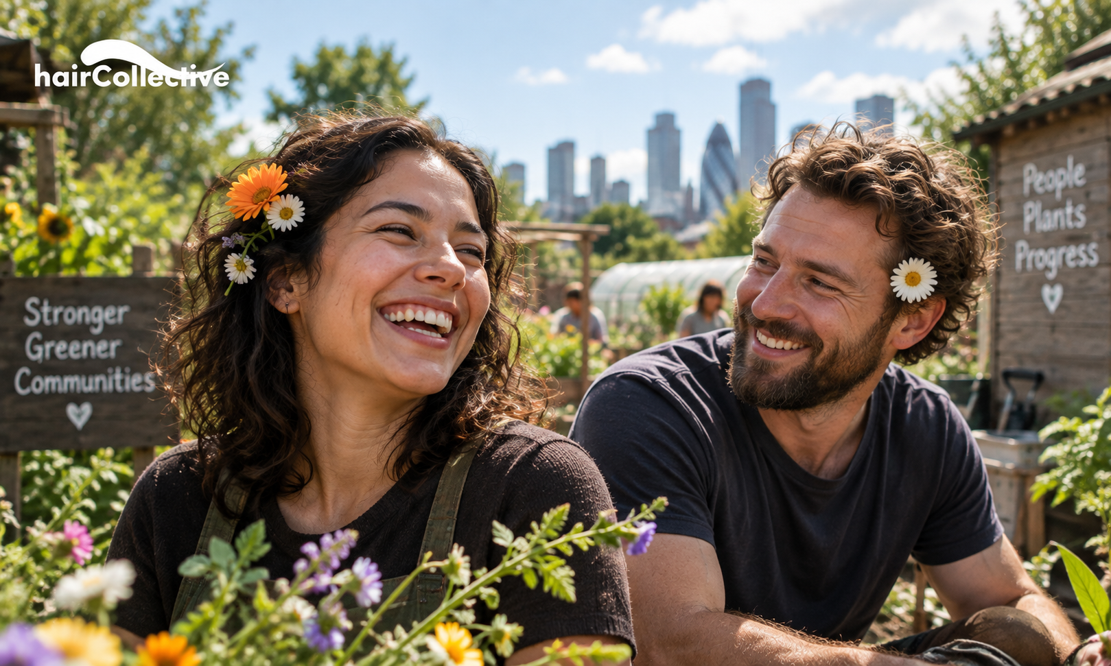 Two volunteers laughing together in a community garden, flowers behind their ears, with the London skyline in the background