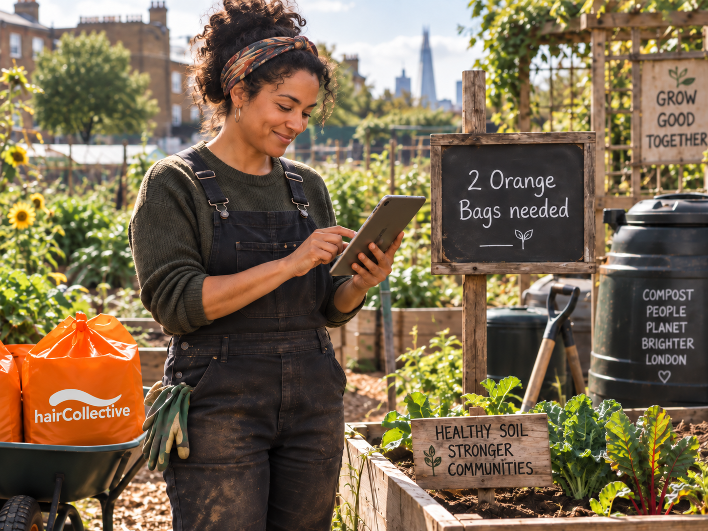 A community garden worker posting a request for two Orange Bags