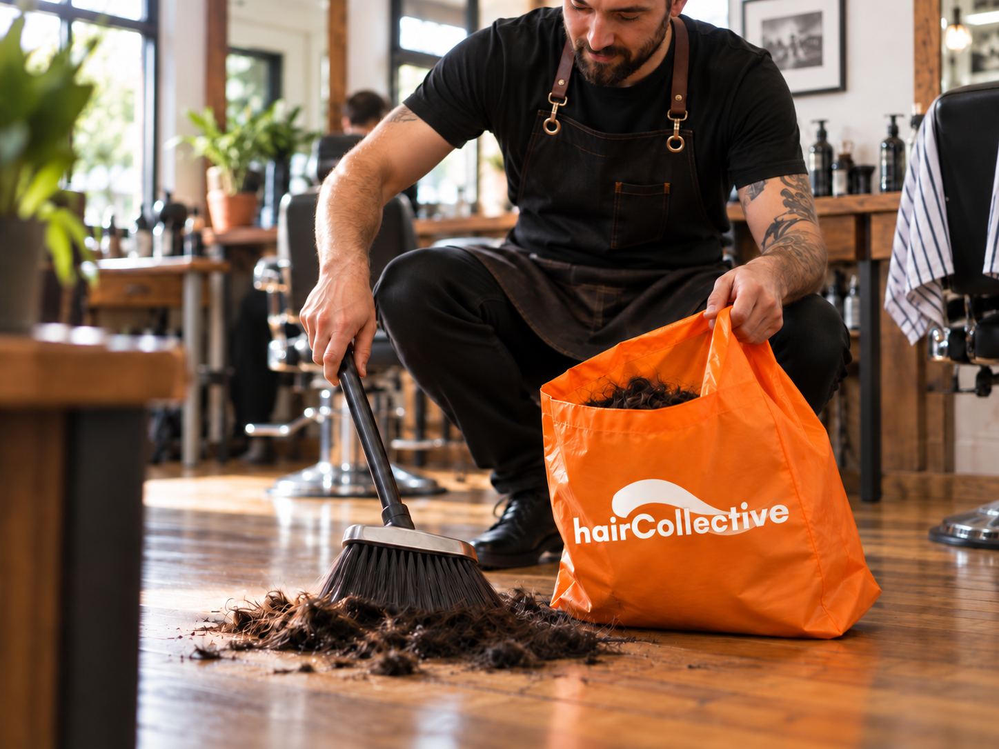 A barber sweeping untreated hair clippings into an Orange Bag