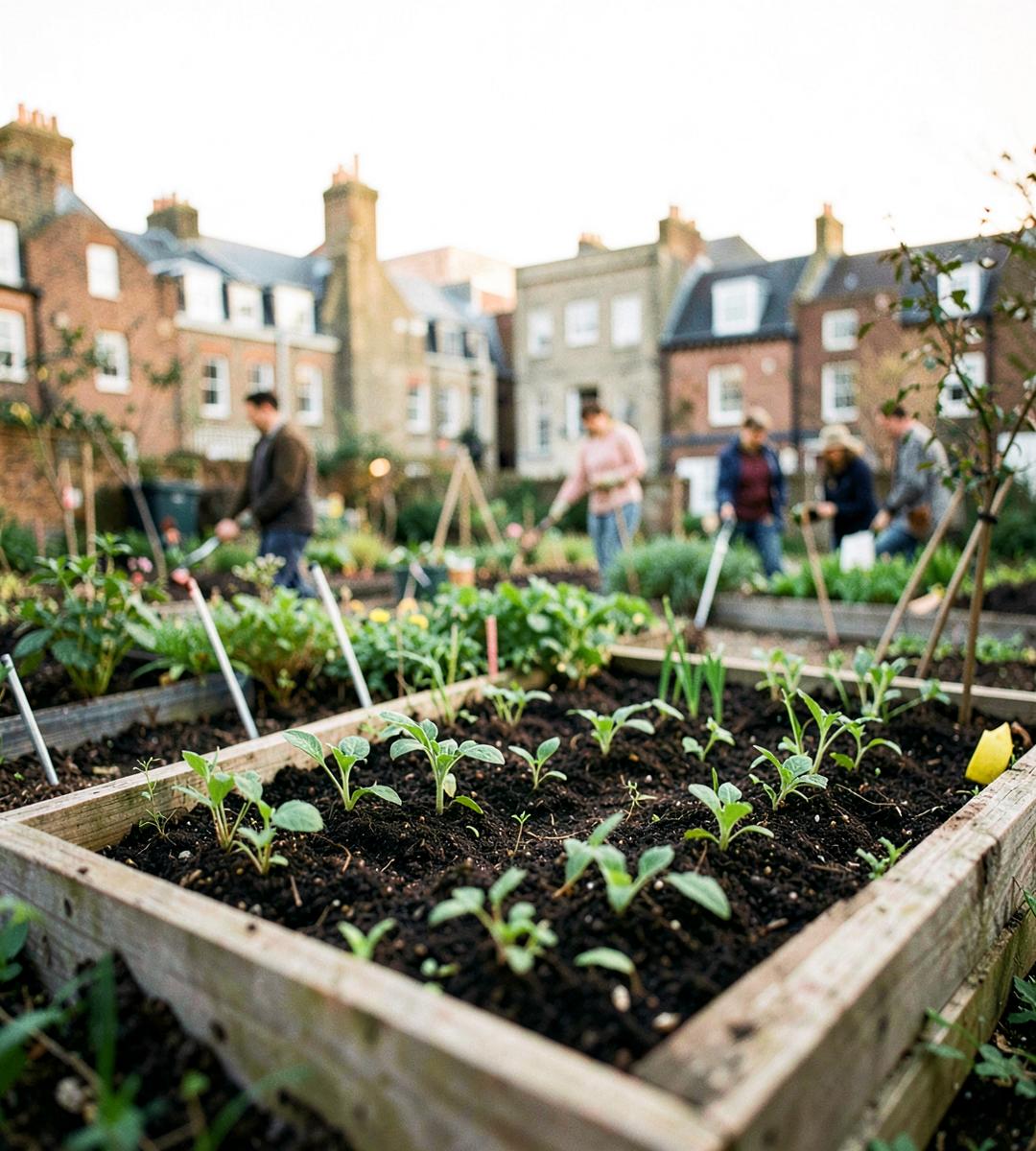 Volunteers tending raised beds at a Whitechapel community garden