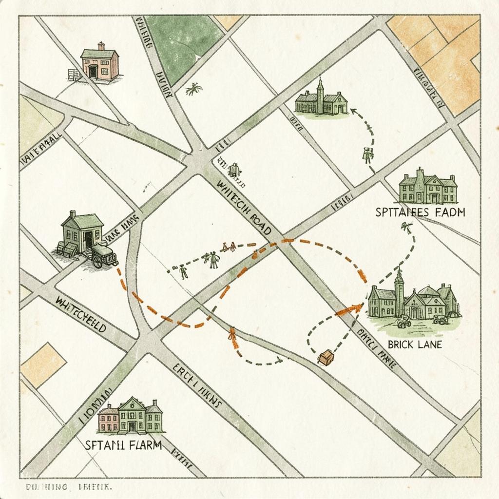 Illustrated map of Whitechapel showing the walking route from barbers on Whitechapel Road to Spitalfields City Farm